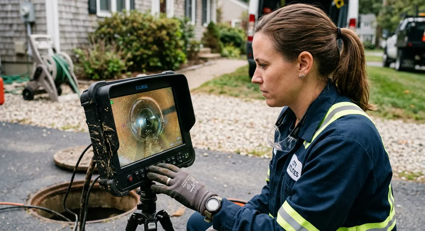 Technician reviewing sewer camera inspection footage in New Franklin