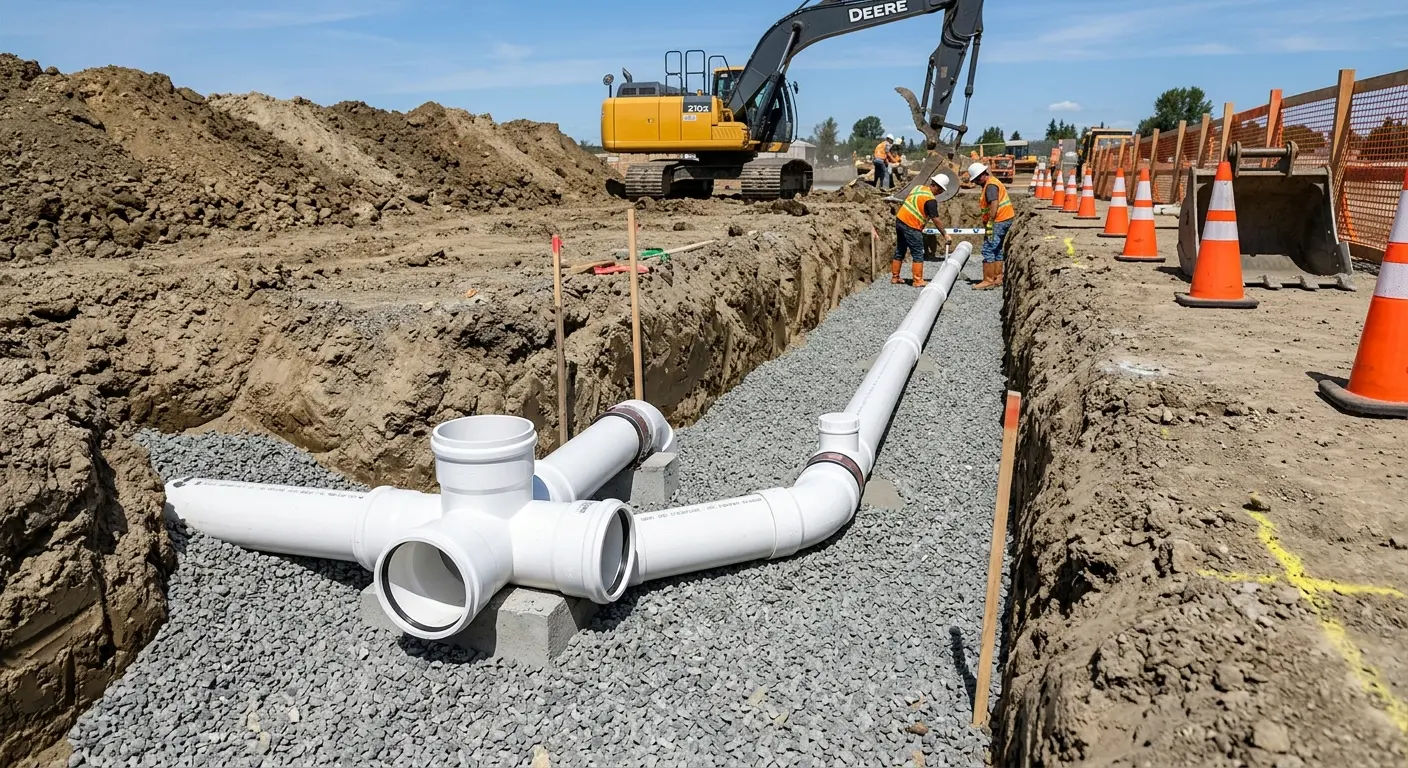 New PVC sewer pipe installation in open trench for Commercial Drain Cleaning in New Franklin