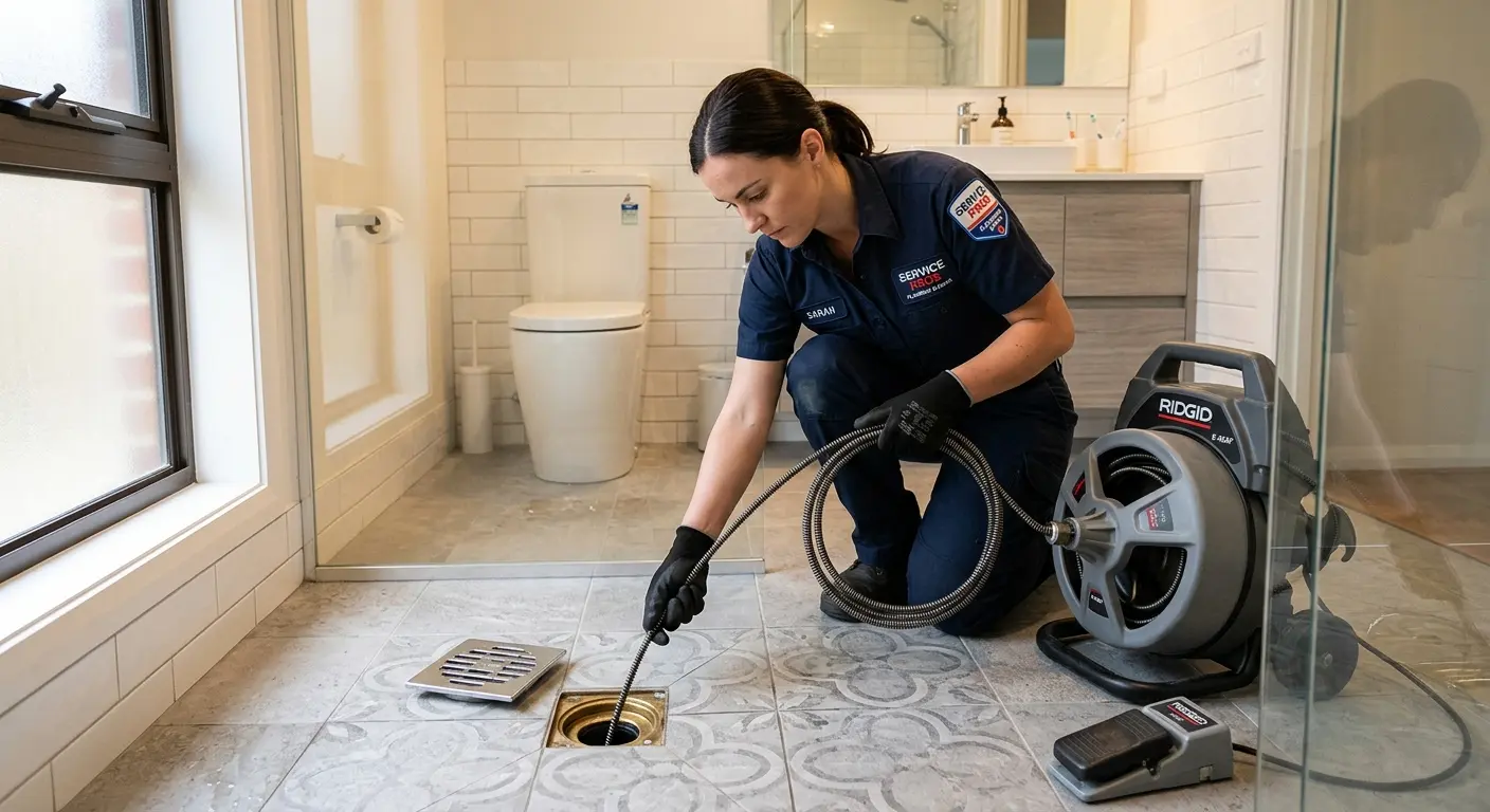 Technician clearing a bathroom floor drain for Clogged Drain Repair in New Franklin